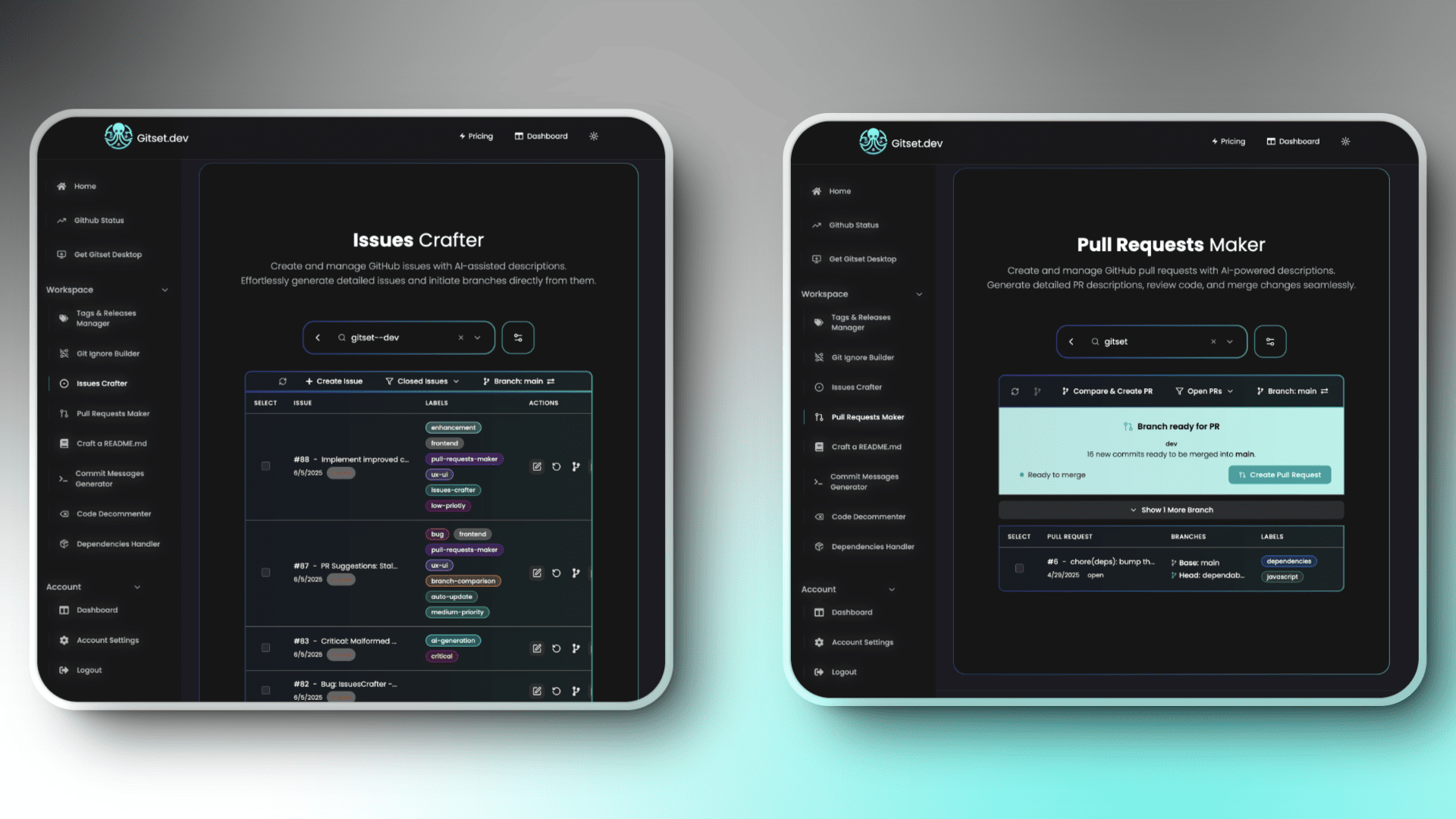 GitSet.dev - Issues Crafter & PR Maker Features